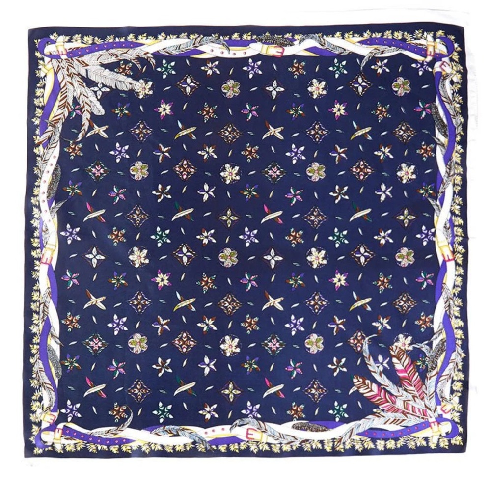 Feather Navy Square Satin Scarf
